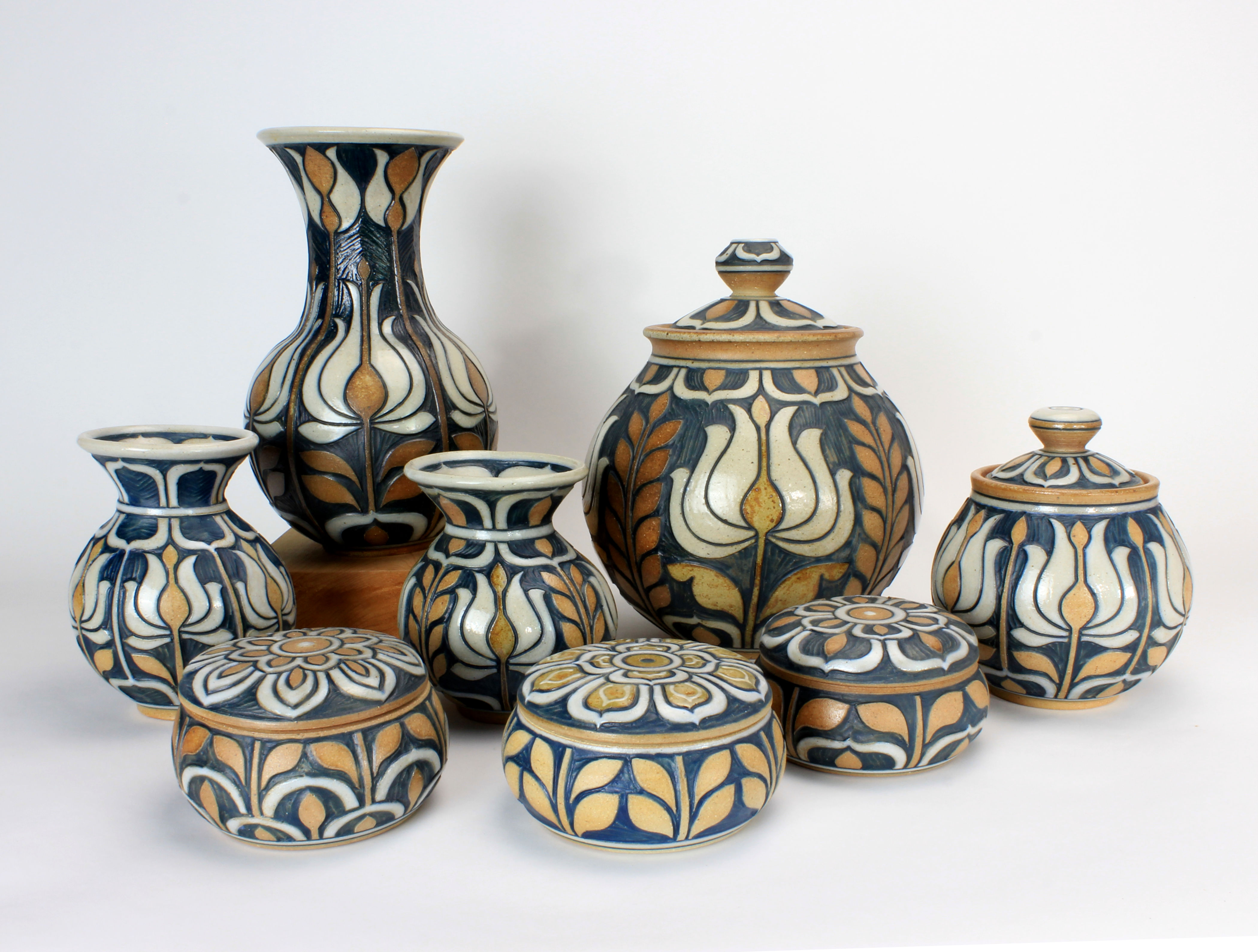 Triangle Studio carved art deco pottery by Kate Waltman